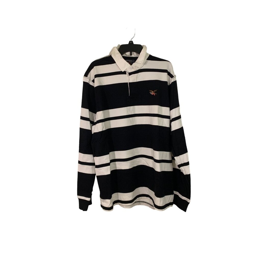 American Living Mens Black & White Striped Rugby Polo Shirt XL